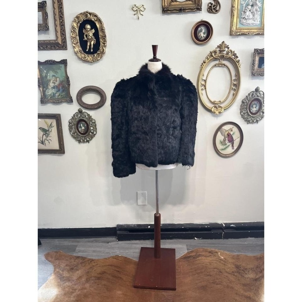 Vintage Real Genuine Rabbit Fur Crop black Jacket Size Medium